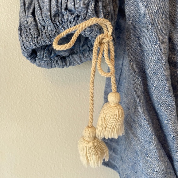 Zara blue linen cotton blend wrap-around blouse bow tie tassel cinched sleeve - Picture 4 of 9